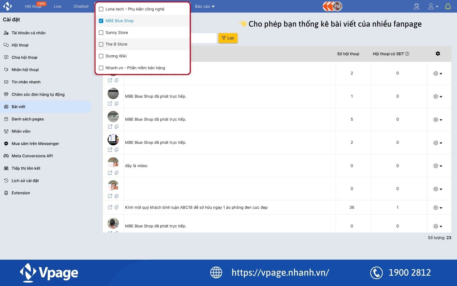Thống kê bài viết trên nhiều fanpage trong giao diện Vpage